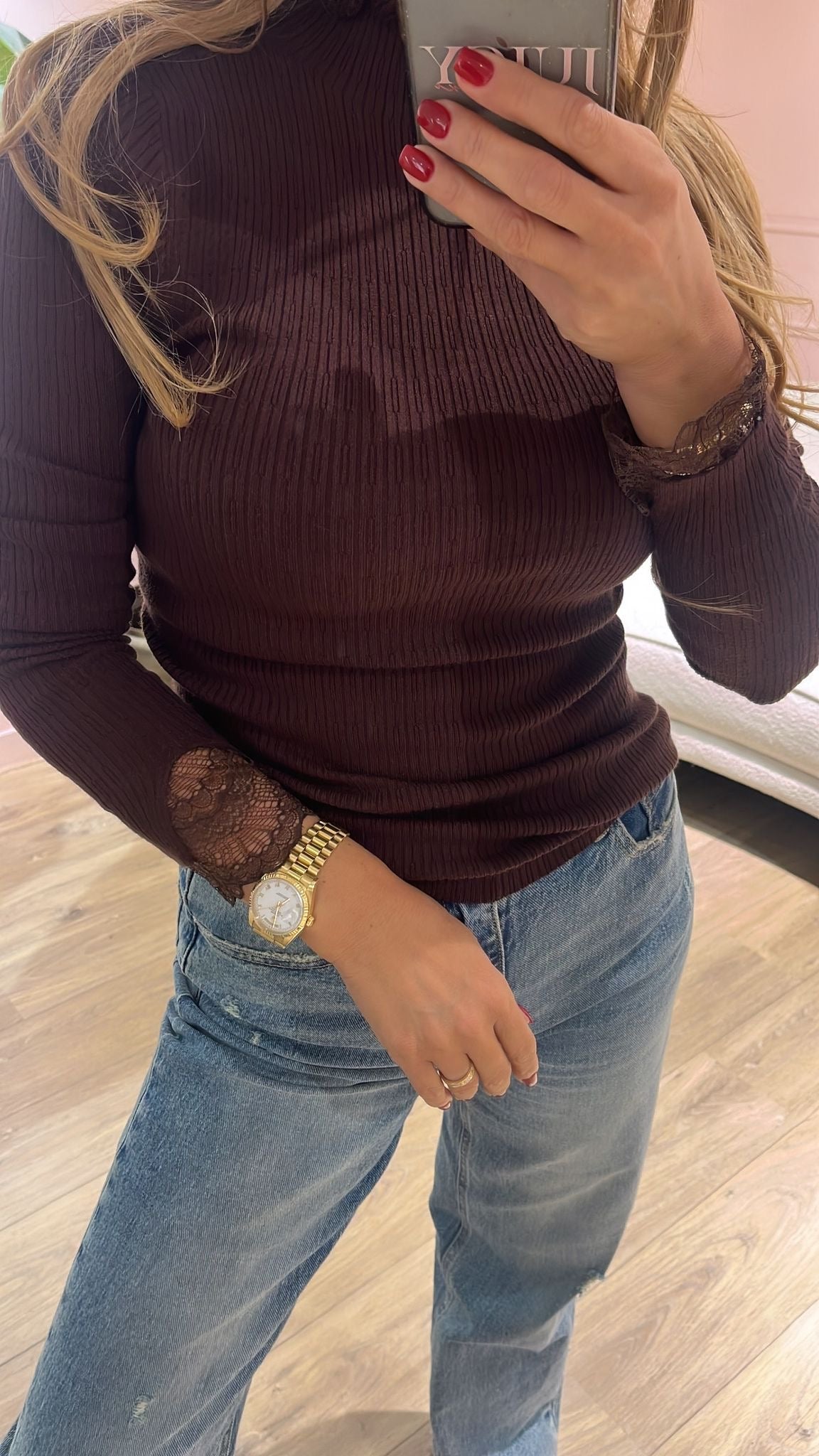 Lina Rib Lace Top – Bruin/Ecru Streep