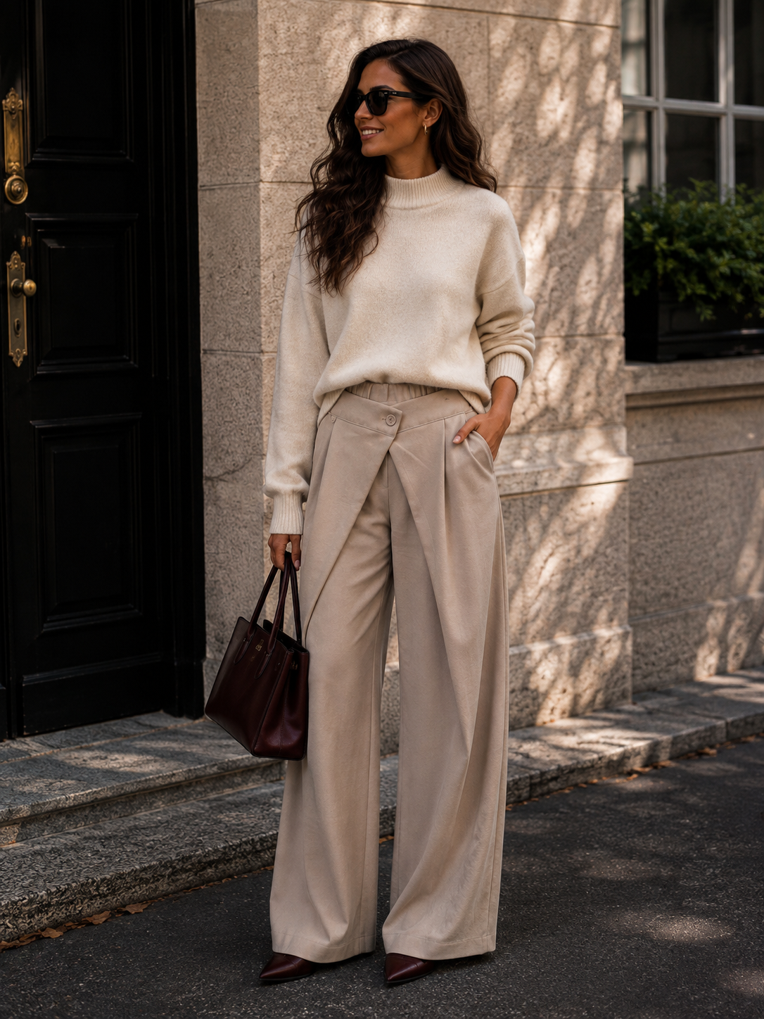 Elara Wide Leg Pantalon - beige