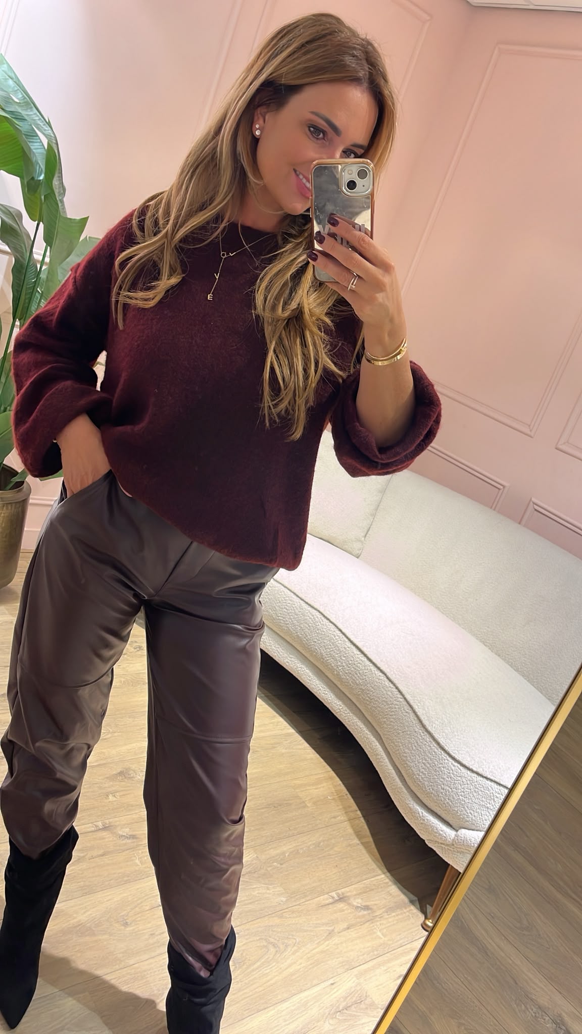 Livia Leather Barrel Pants - bordeaux