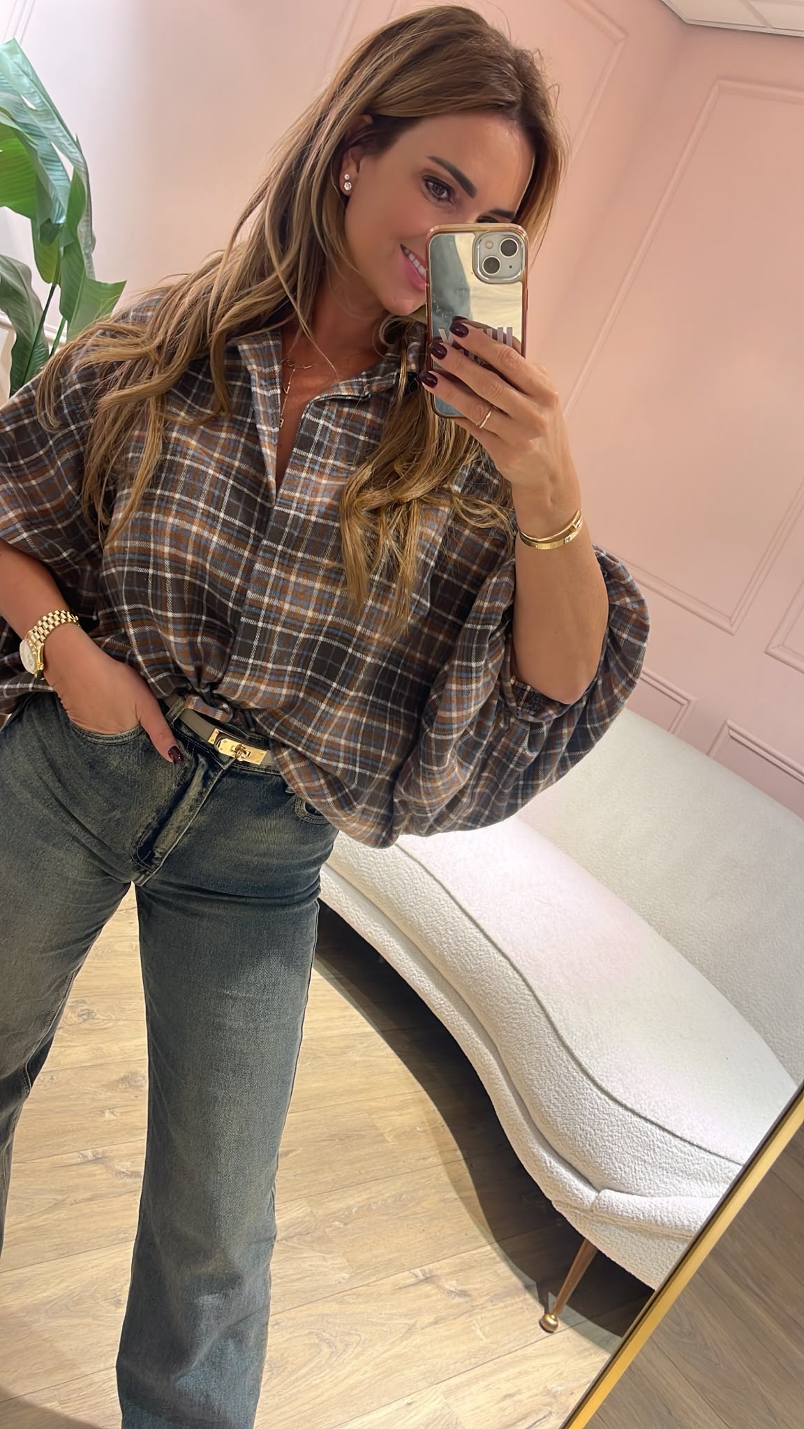 The Autumn Check Blouse - taupe/ bruin
