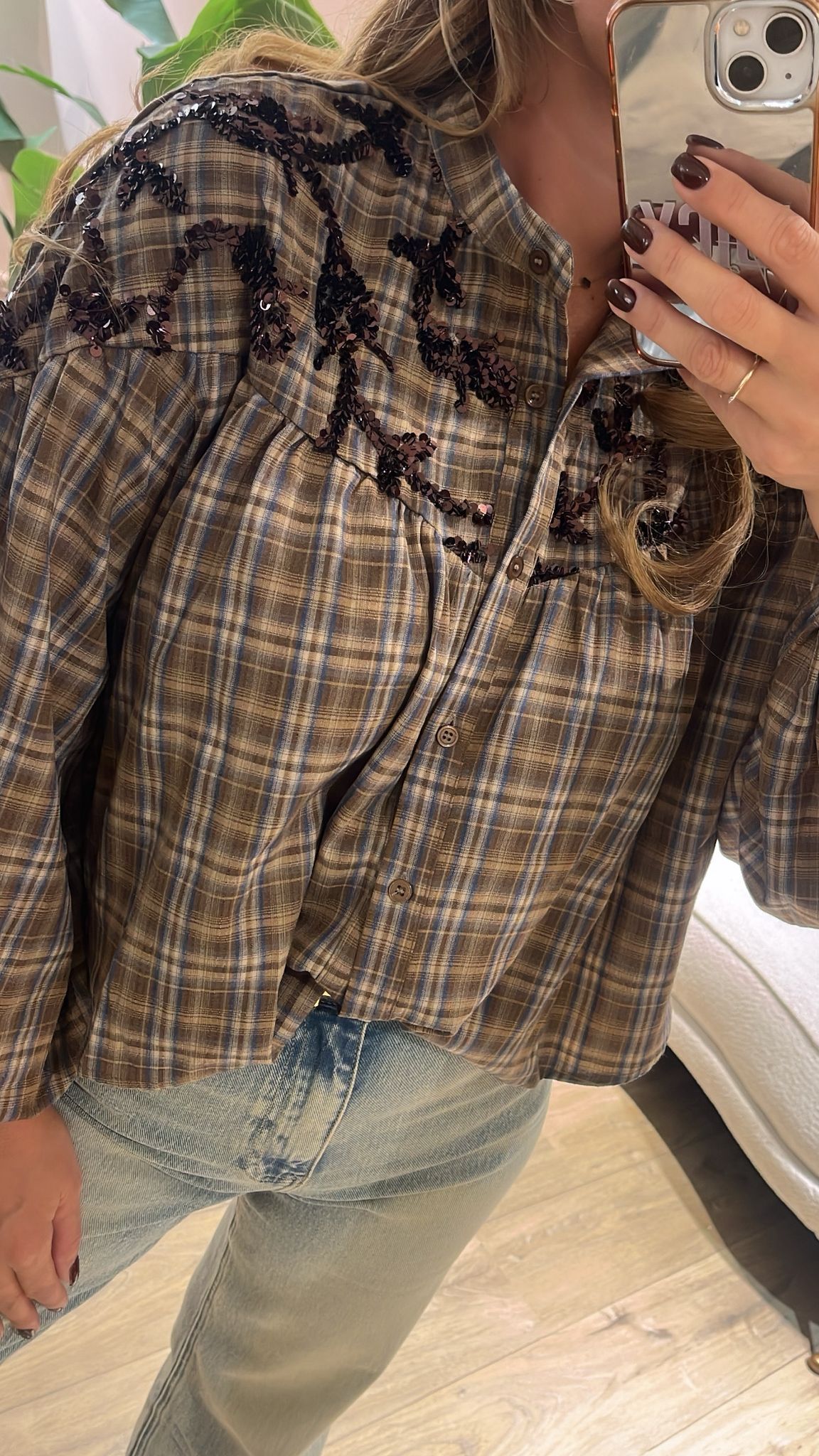 Sequin Check Blouse ✨ - taupe