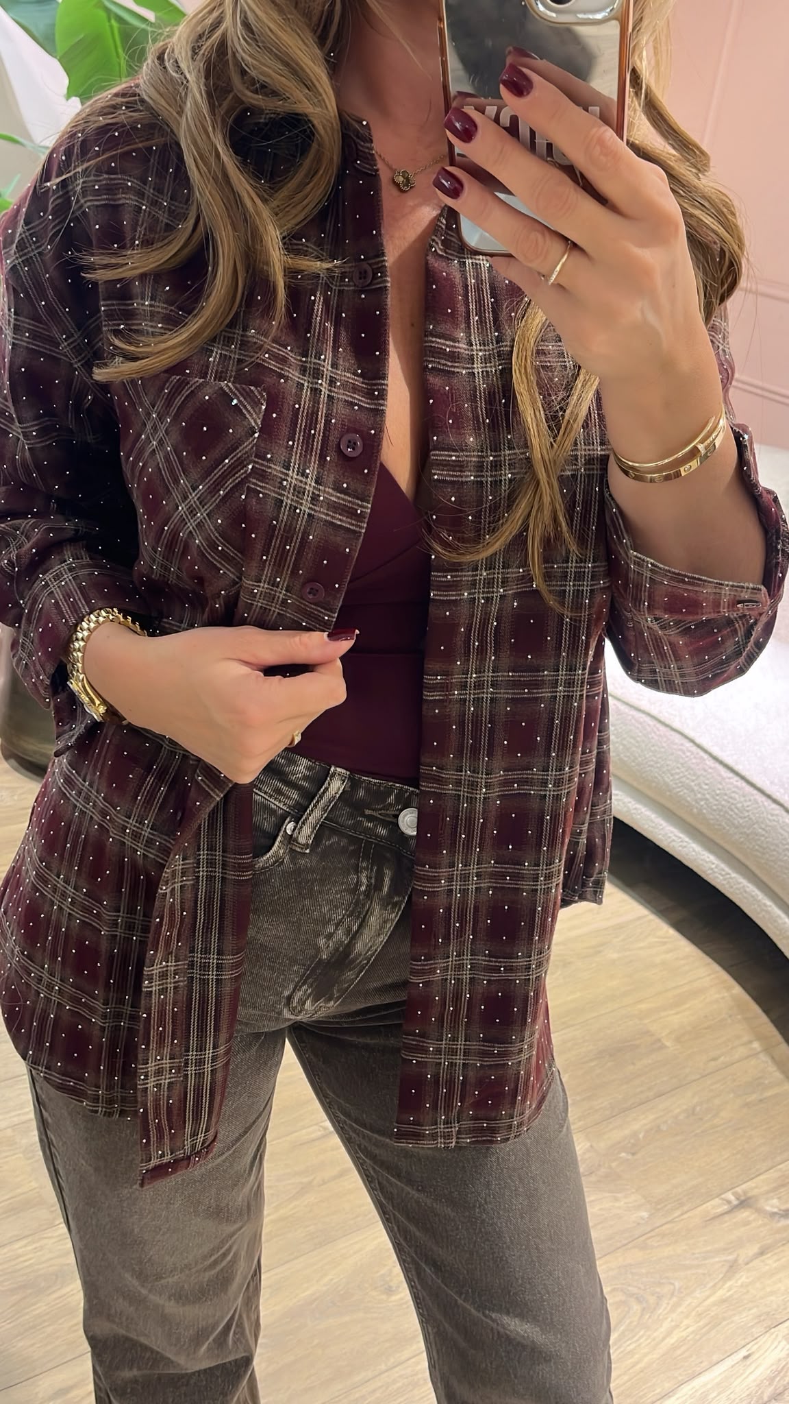 Sparkle Check Blouse - bordeaux
