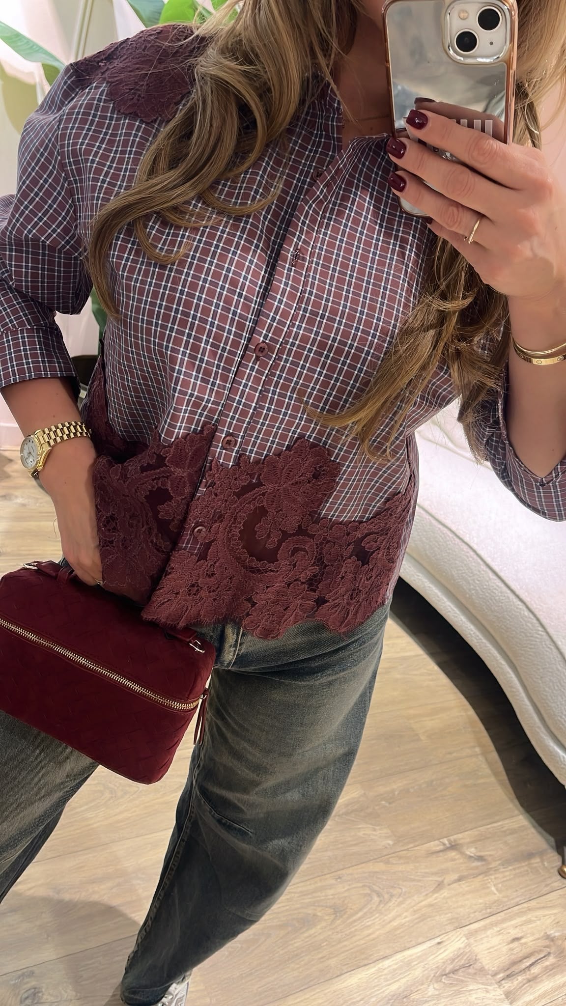 Lace Check Blouse – burgundy