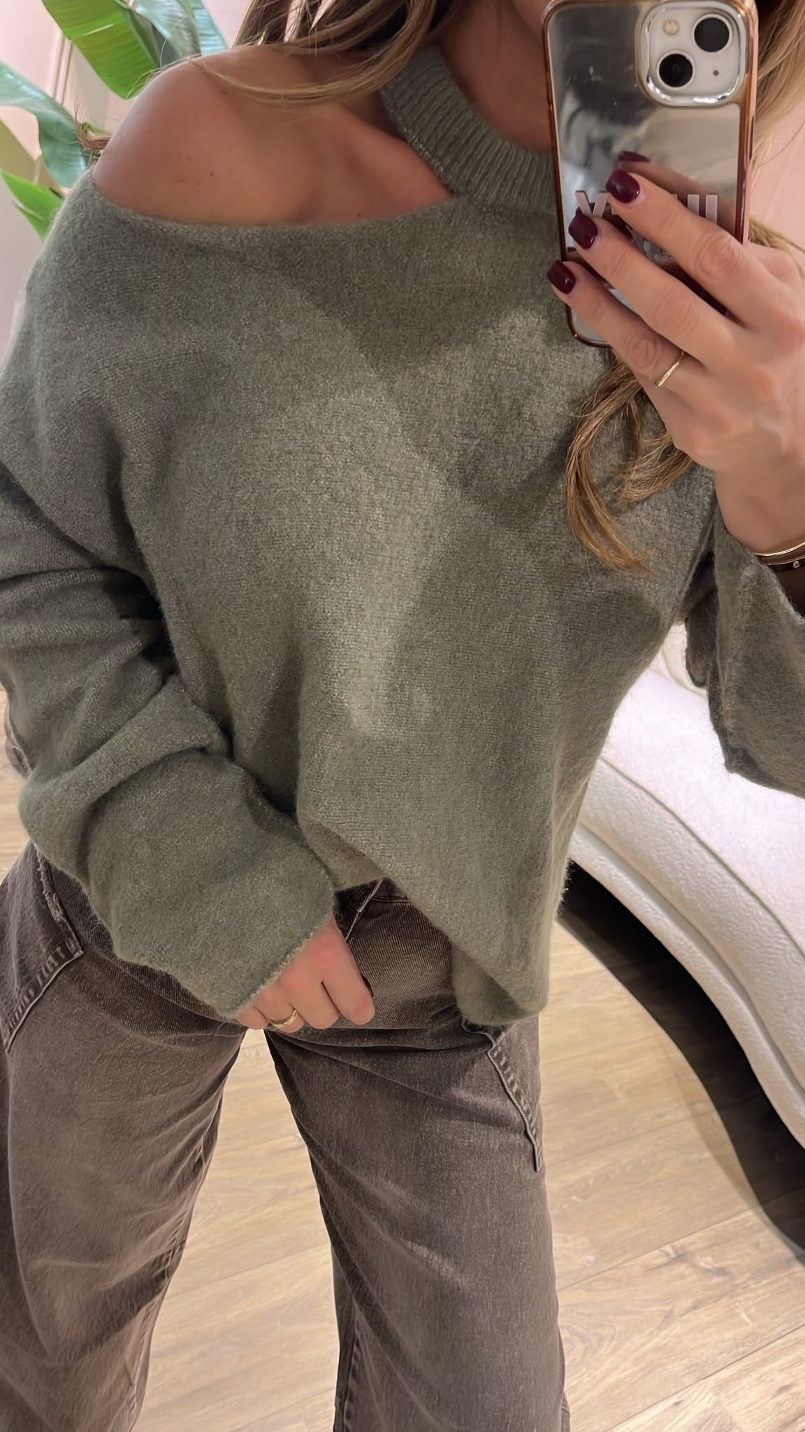 Open Shoulder Knit - saliegroen