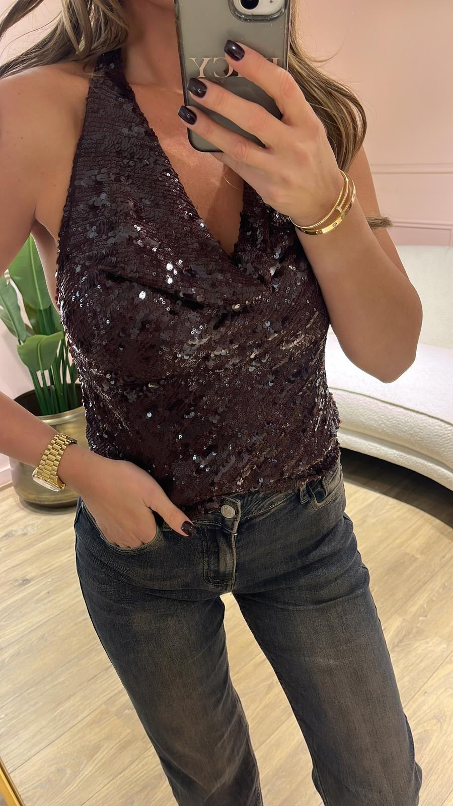 Sequin Halter Top – Bordeaux