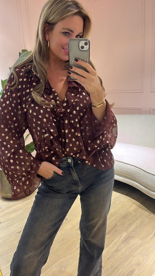 Dot Chiffon Ruffle Blouse – Bordeaux/Gold