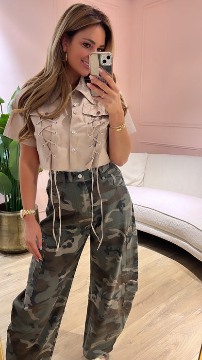 Lace Up Blouse Beige