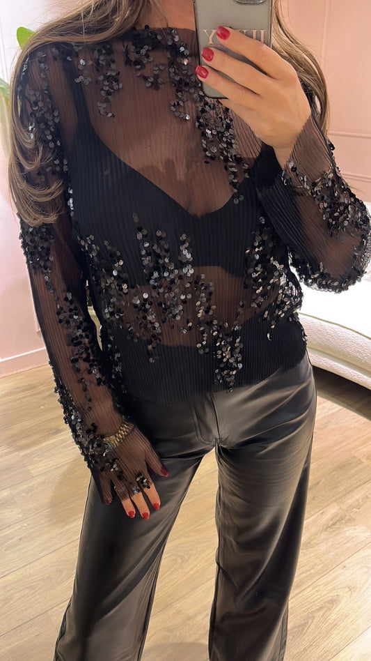 Sienna Sequin Mesh Top – Black Edition
