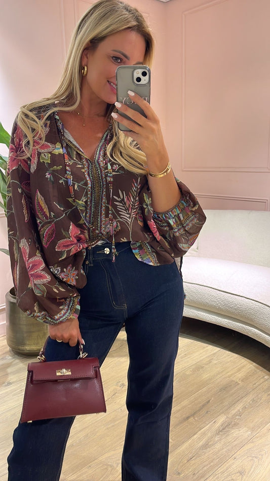 Printed Chic Blouse - Brown/Roze