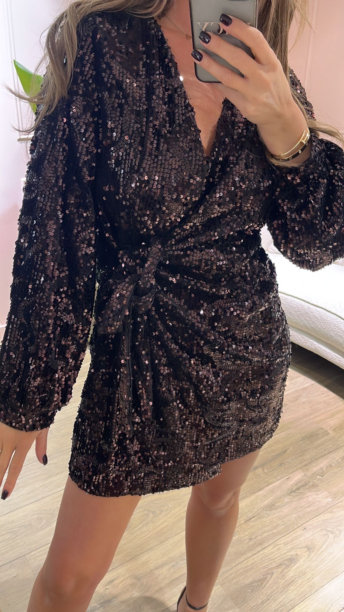 Sequin Wrap Dress – Brown