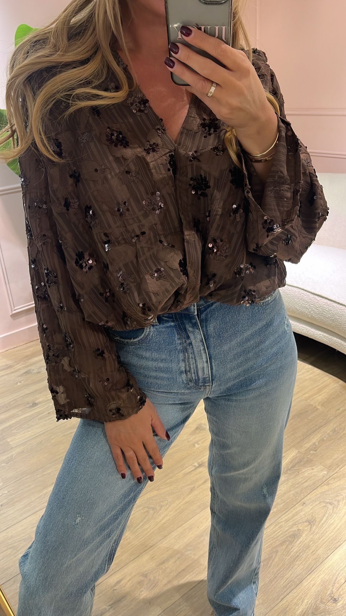 De Emilia Sequin Blouse – Mocha