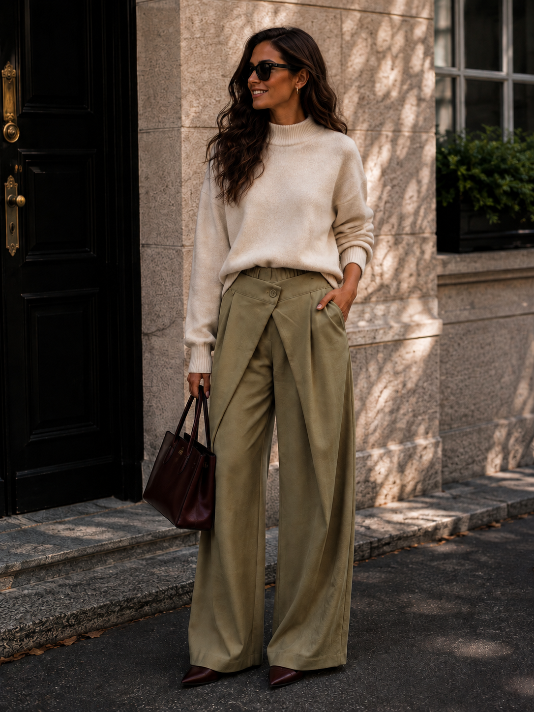 Elara Wide Leg Pantalon - olijfgroen