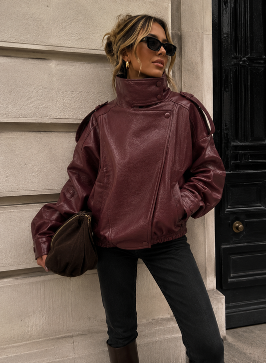 Faux Leather Bomber Jacket – burgundy❤️‍🔥