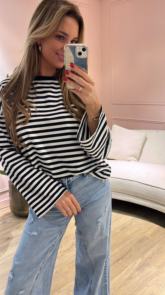 Tshirt Streep Donker Blauw Creme