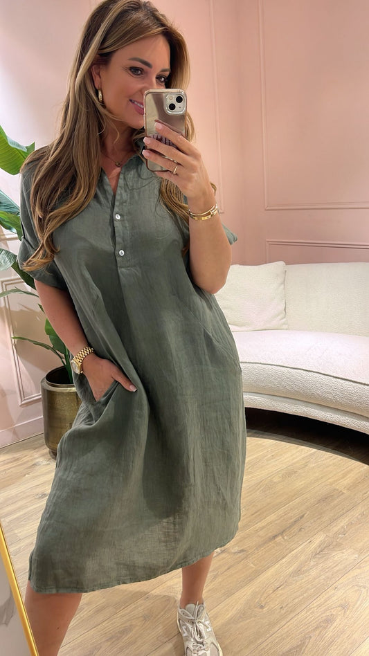 Lina Linnen Jurk - saliegroen