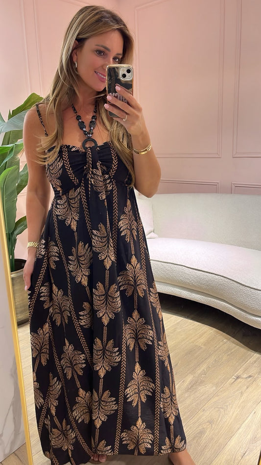 SALE !! Palm Print Maxi Jurk - zwart