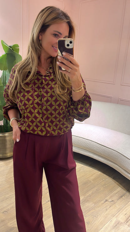 Retro Bloom Blouse - bordeaux / olijf