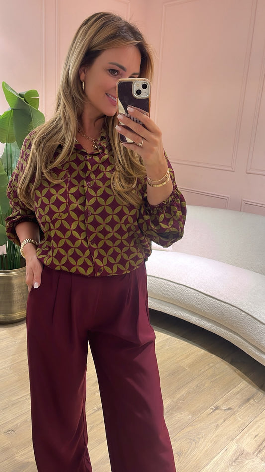 Retro Bloom Blouse - bordeaux / olijf
