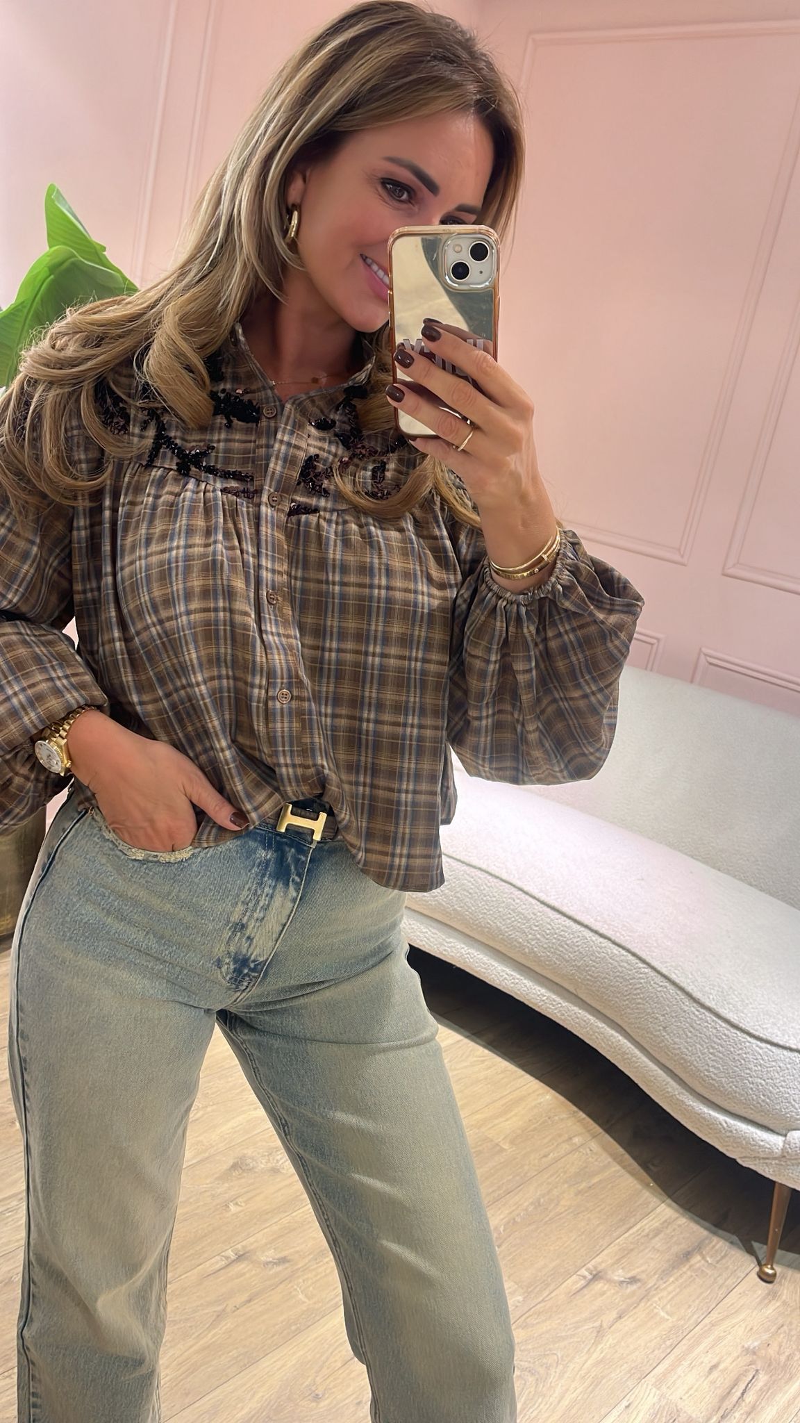 Sequin Check Blouse ✨ - taupe