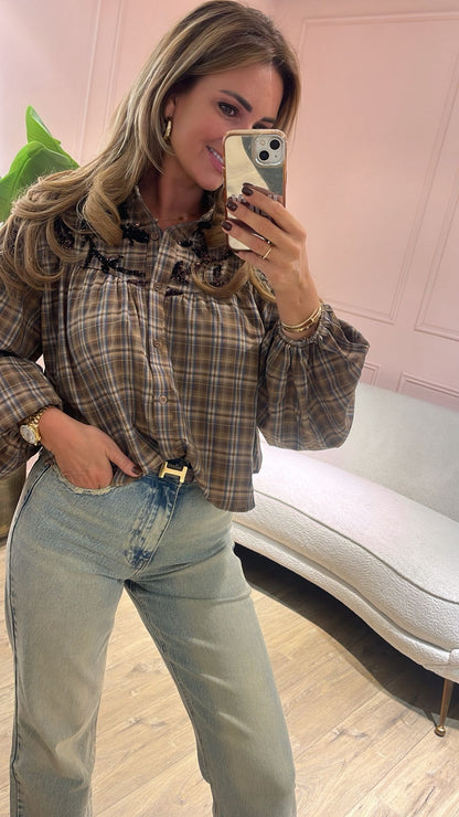 Sequin Check Blouse ✨ - taupe