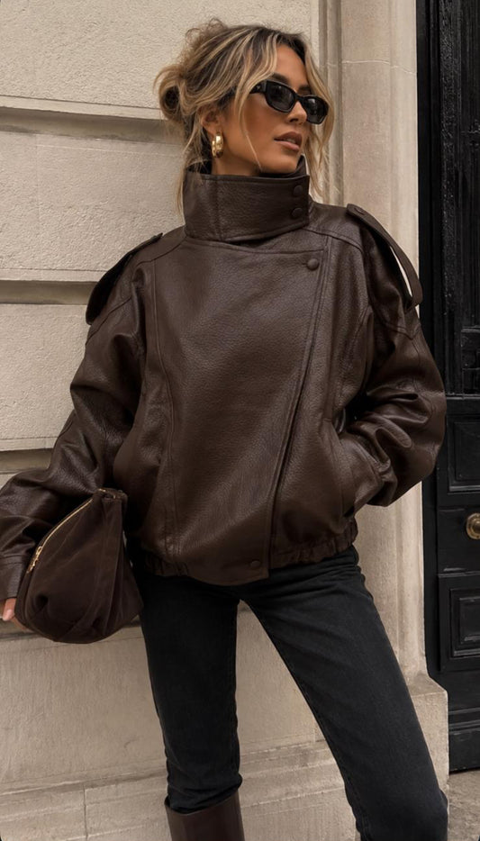 Faux Leather Bomber Jacket – chocolate brown🤎
