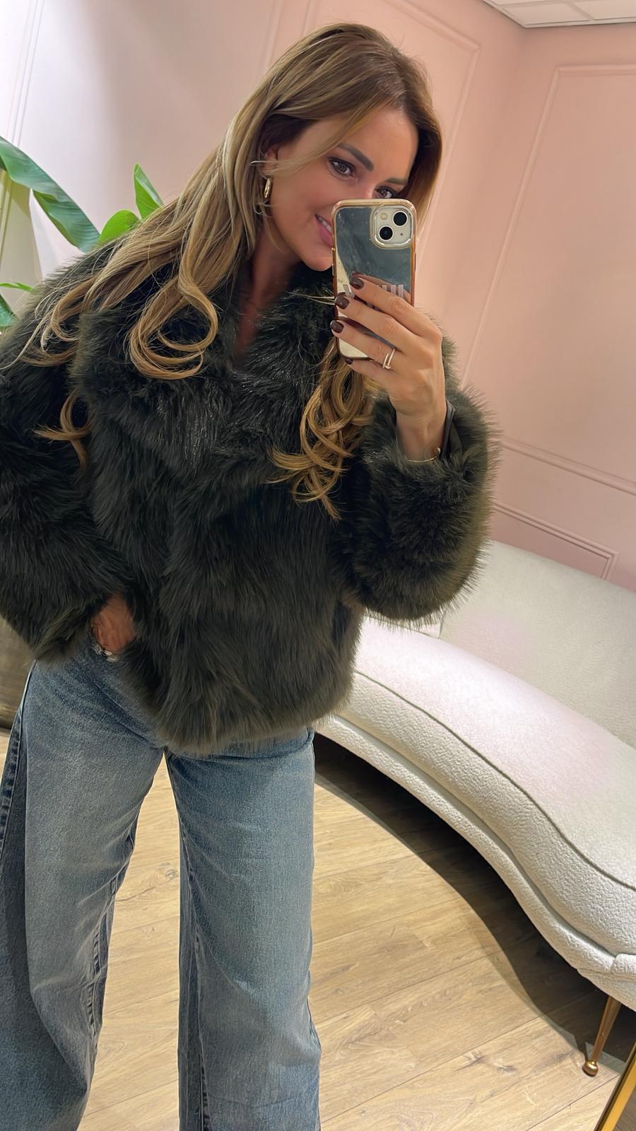 The Fluffy Fur Jacket - dark olive