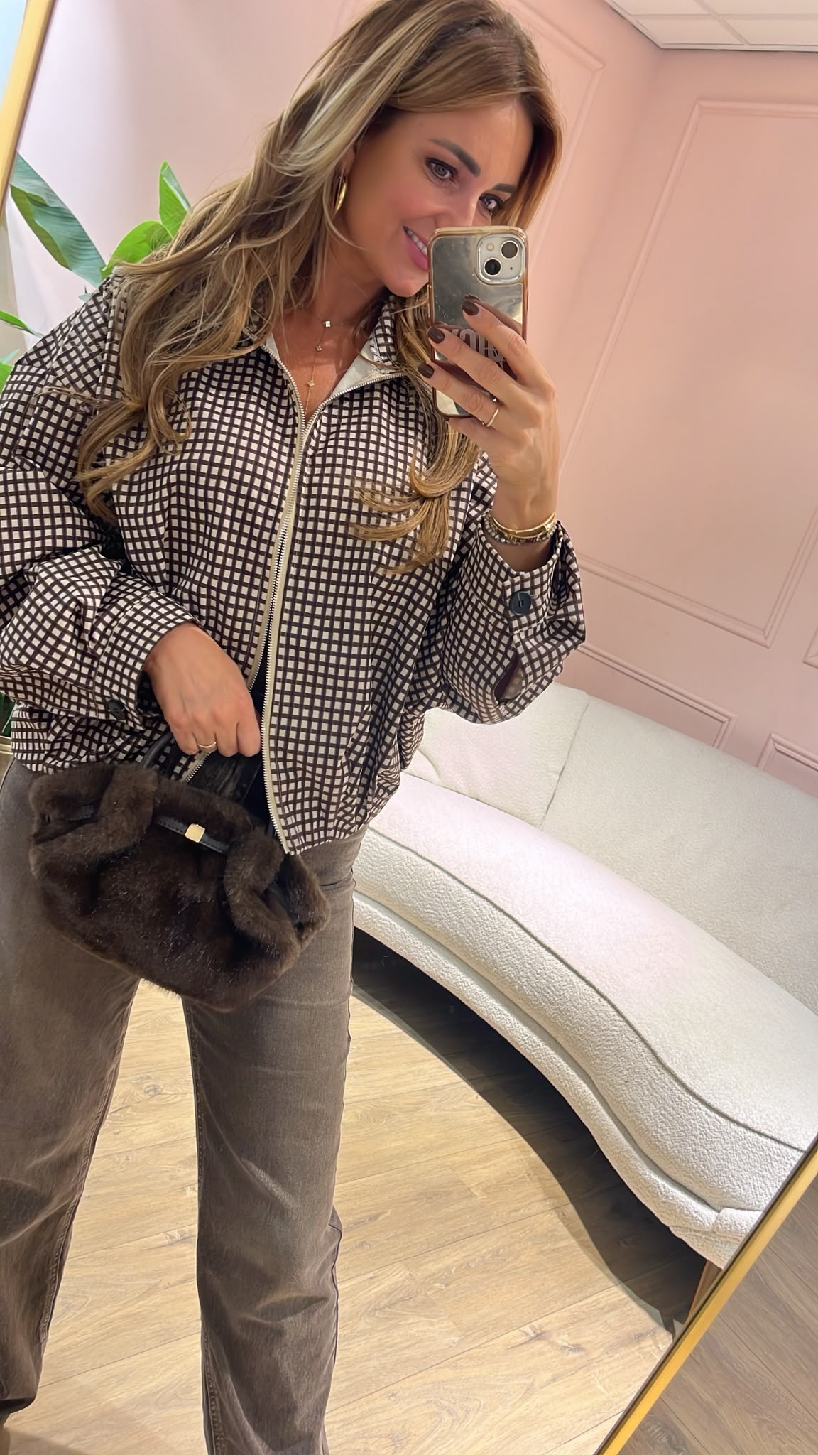 Bomber Jacket Check - bruin/crème
