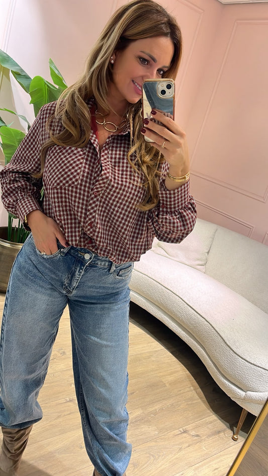 Sparkle Check Blouse - burgundy