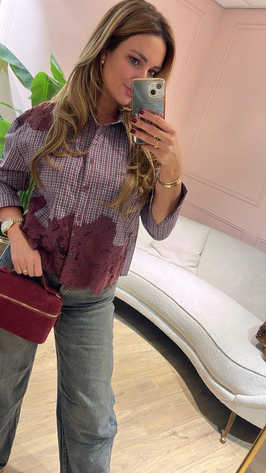 Lace Check Blouse – burgundy