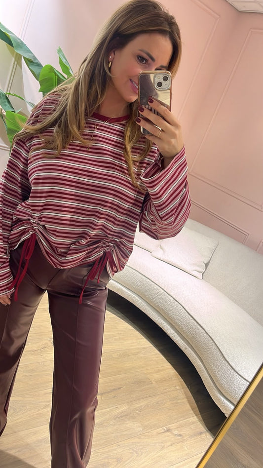 Stripe & Tie Top - bordeaux/ roze