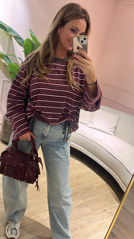 Stripe & Tie Top - bordeaux/ grijs