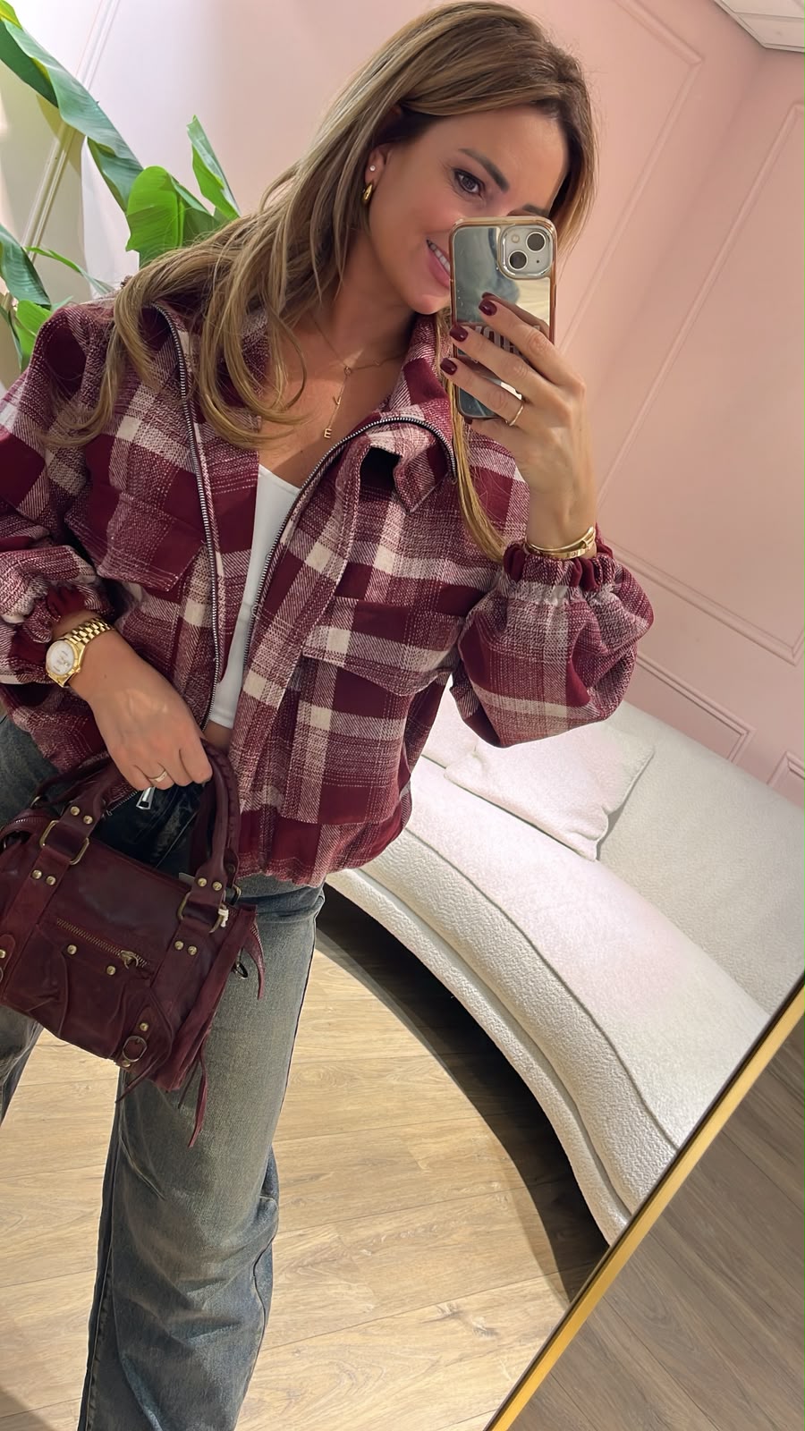 Maddie Check Bomber - bordeaux