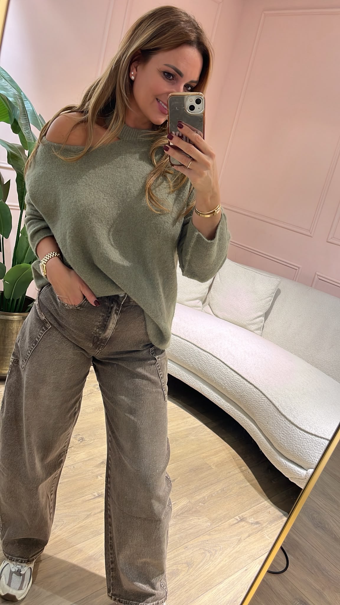 Open Shoulder Knit - saliegroen