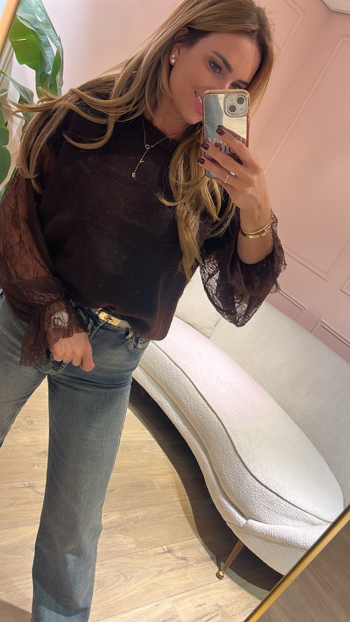 Amélie Lace Sleeve Knit - donkerbruin