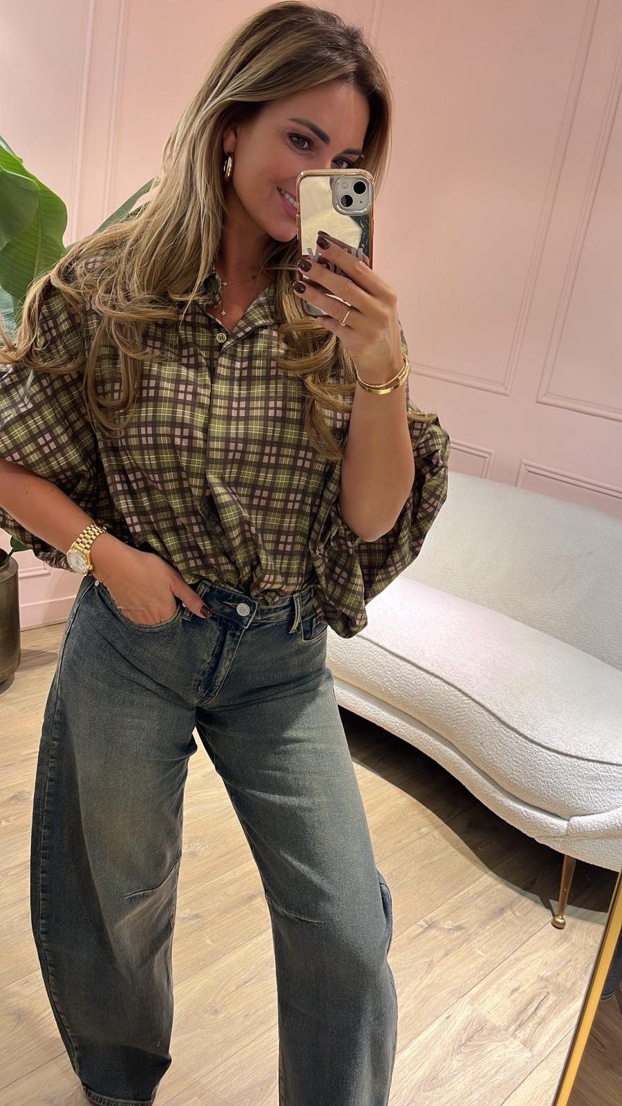 Elara Blouse - olijfgroen/bruin met oudroze