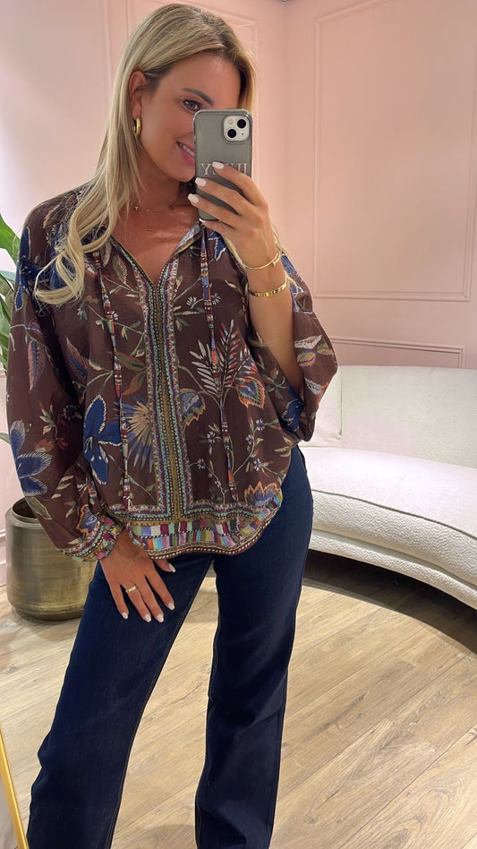 Printed Chic Blouse - Brown/Blue