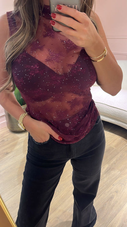 Celeste Sparkle Lace Top -Bordeaux
