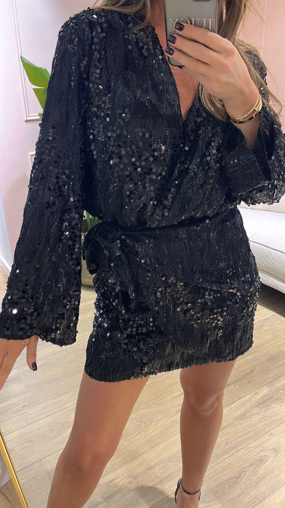 Sequin Wrap Dress – Black